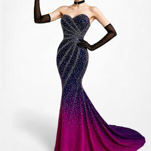 Vintage Y2K Purple Pink Silk Strapless Bodycon Beaded Maxi Prom Dress Size XS